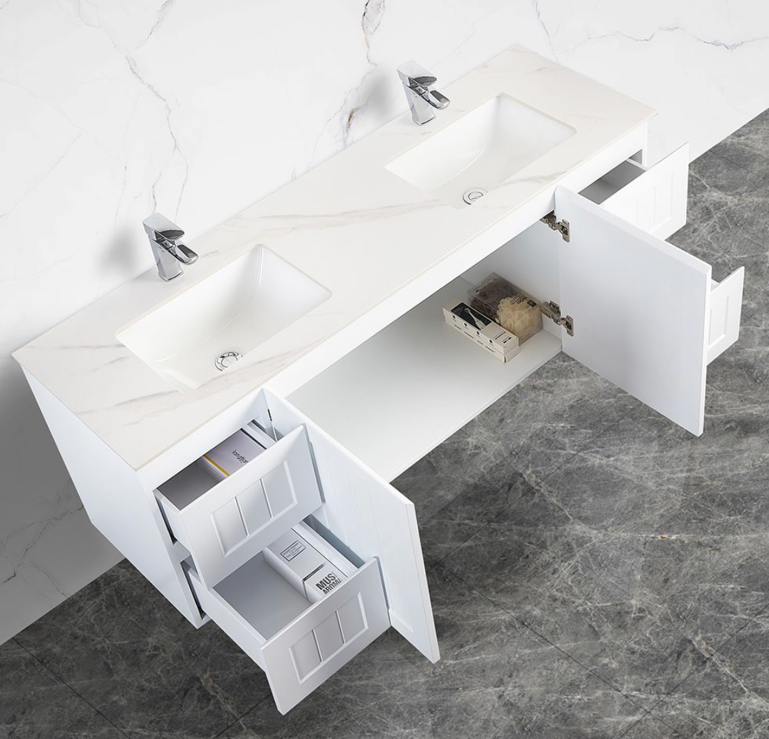 150cm Mountain Snow Sintered Stone Vanity Top Double Bowl