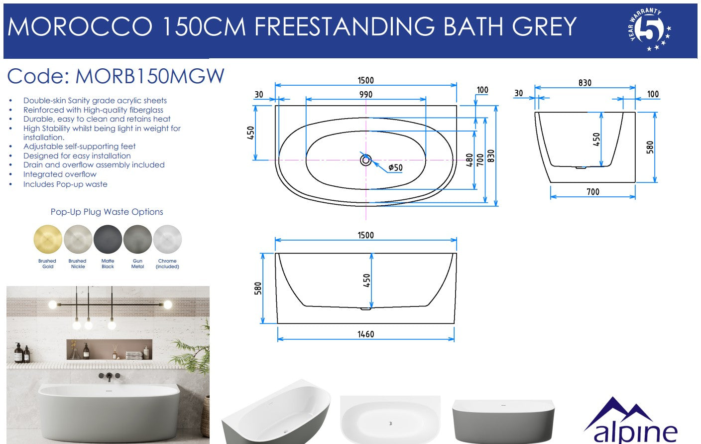 Morocco Back to the Wall Grey & White Bath 150cm