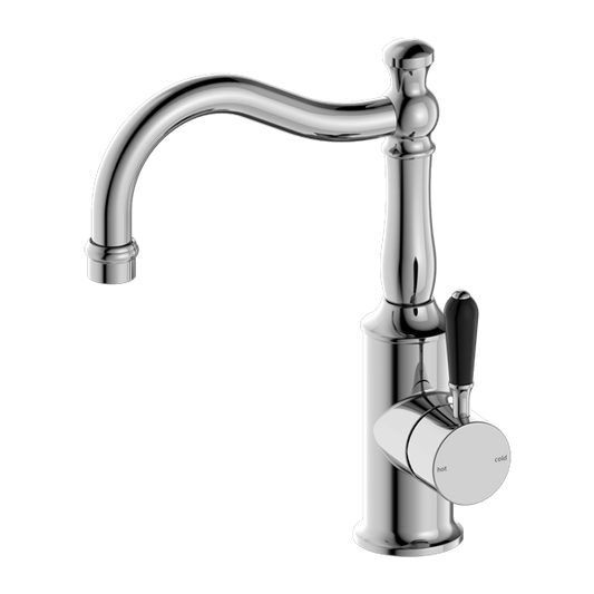 York Basin Mixer | Hook Spout | Black Porcelain Lever