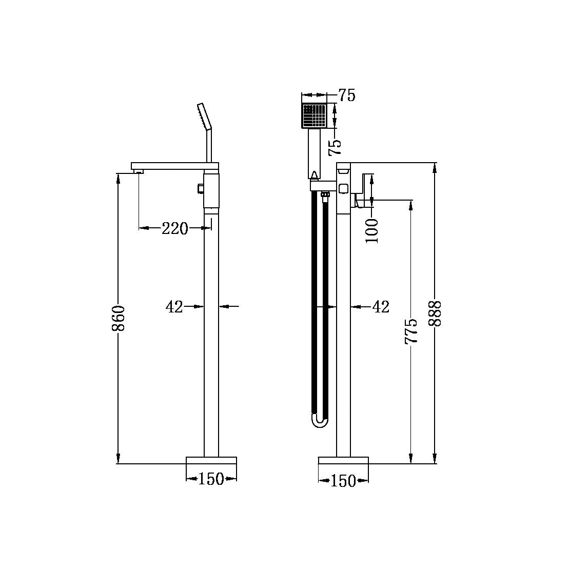 Square Freestanding Bath Mixer | Hand Shower