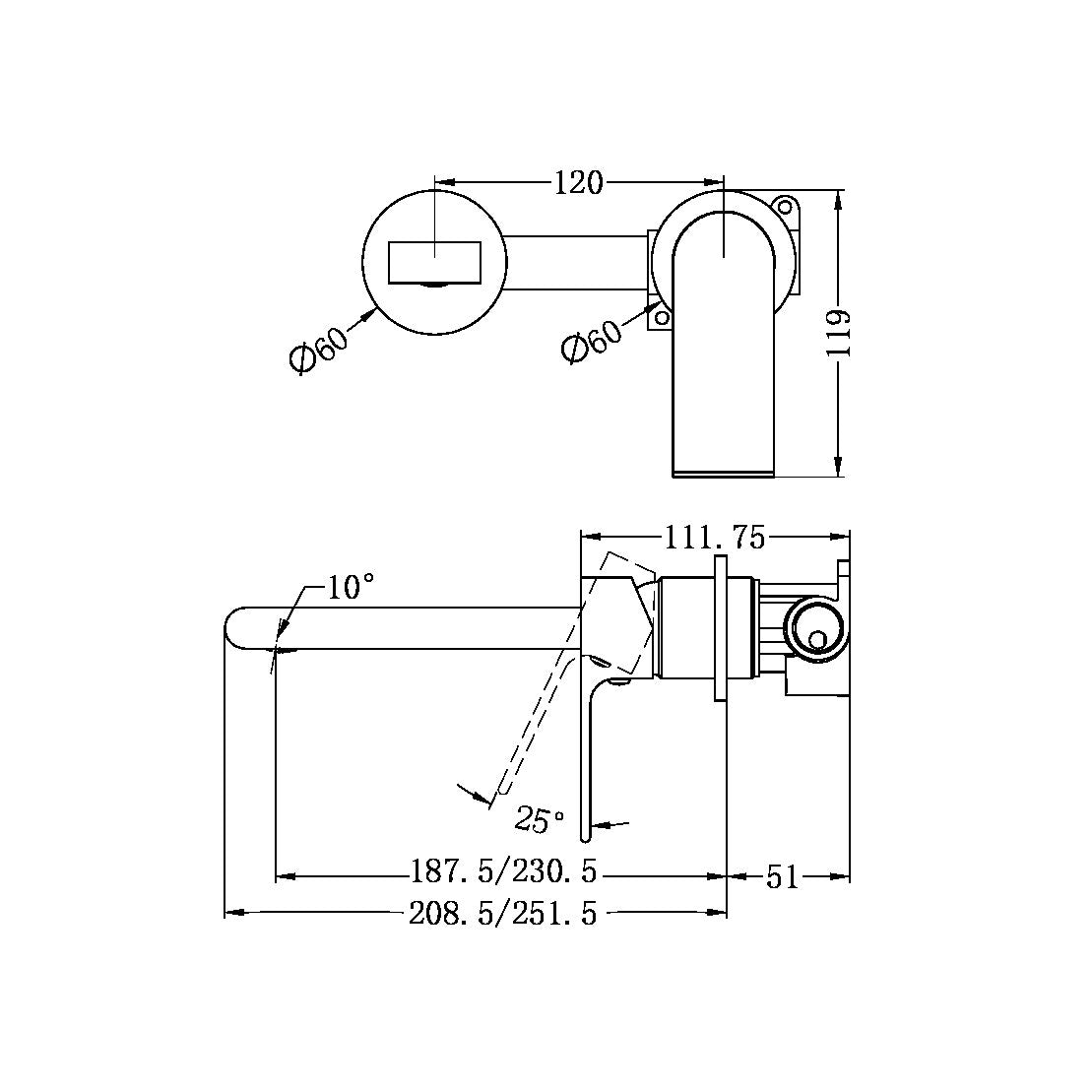 Bianca Wall Basin/Bath Mixer | 187/230mm | Separate Back Plate