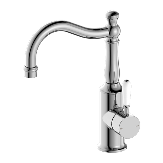 NERO York Basin Mixer Hook Spout with White Porcelain Lever