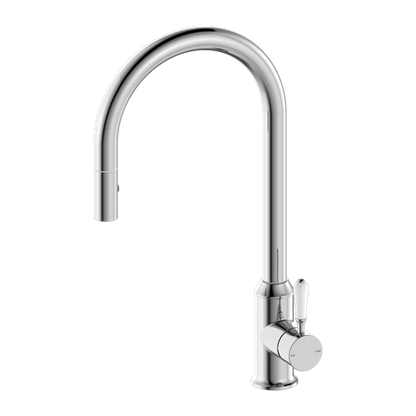 NERO York Pull Out Sink Mixer with Veggie Spray Function and White Porcelain Lever