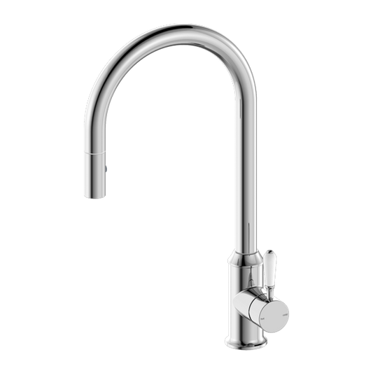 NERO York Pull Out Sink Mixer with Veggie Spray Function and White Porcelain Lever