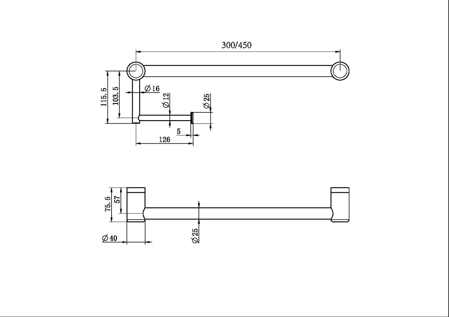 Mecca Care Toilet Roll Rail | 25mm | 300/450mm