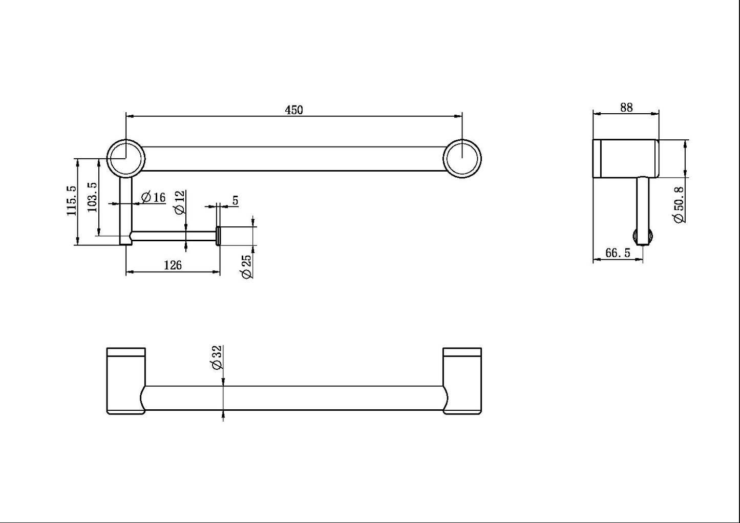 Mecca Care Grab Rail | Toilet Roll Holder | 32mm | 450mm