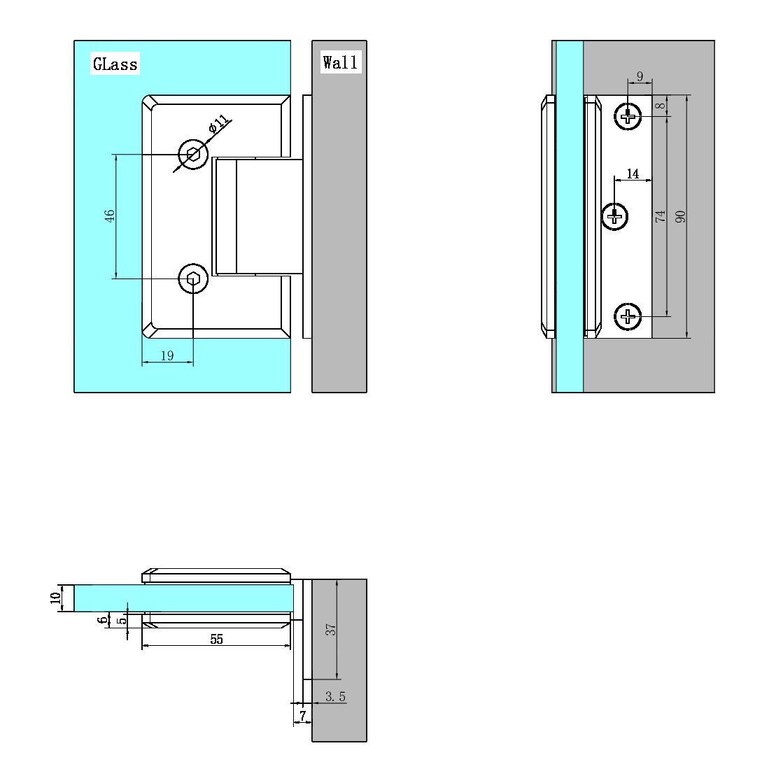 Shower Hinge | Glass to Wall | 10mm Glass | 90 Degree