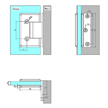 Shower Hinge | Glass to Wall | 10mm Glass | 90 Degree