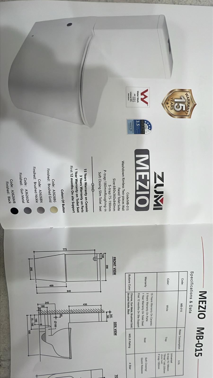 MEZIO Back to Wall Rimless Toilet Suite