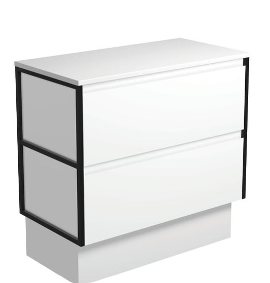 Amato Satin White 900 Cabinet on Kickboard, Matte Black Frames