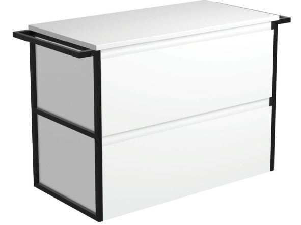 Amato Satin White 900 Wall-Hung Cabinet, Matte Black Towel Rails