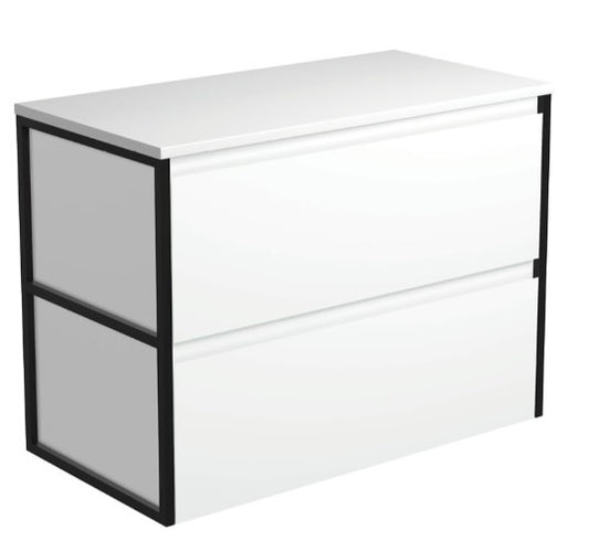 Amato Satin White 900 Wall-Hung Cabinet, Matte Black Frames