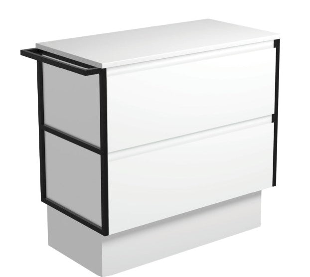 Amato Satin White 900 Cabinet on Kickboard, 1 Frame & 1 Towel Rail