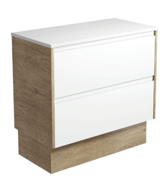 Amato Satin White 900 Cabinet on Kickboard, Scandi Oak Panels