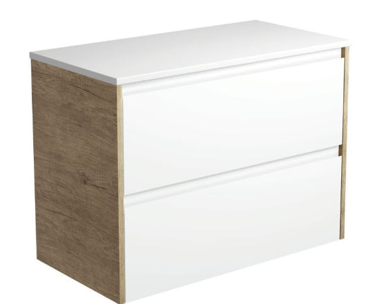 Amato Satin White 900 Wall-Hung Cabinet, Scandi Oak Panels