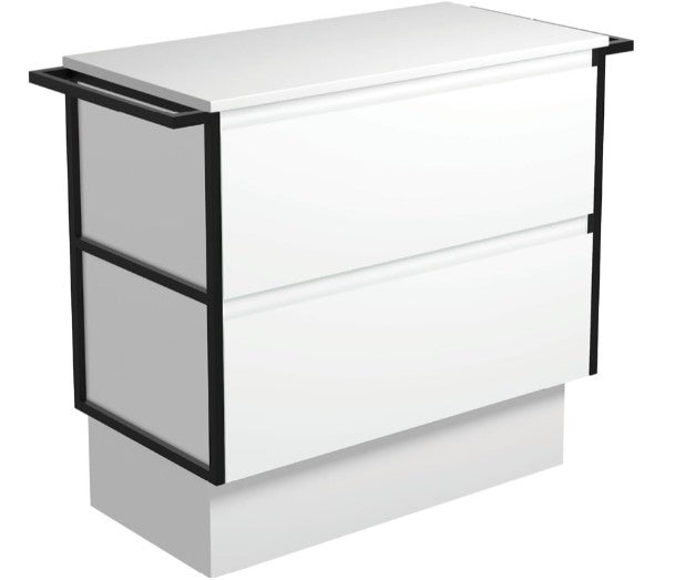 Amato Satin White 900 Cabinet on Kickboard, Matte Black Towel Rails