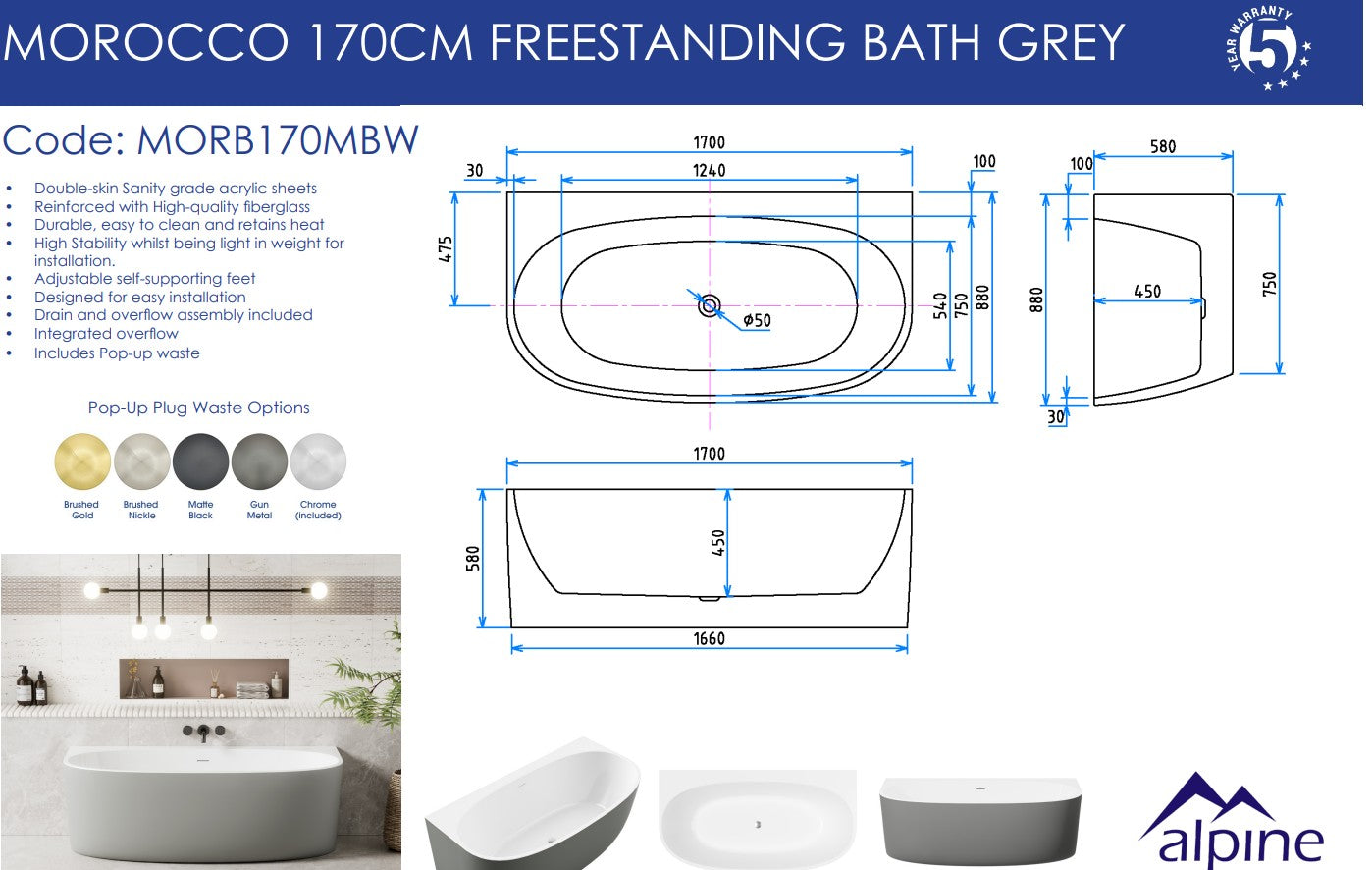Morocco Back to the Wall Grey & White Bath 170cm