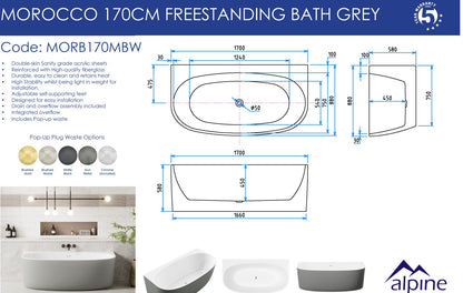 Morocco Back to the Wall Grey & White Bath 170cm