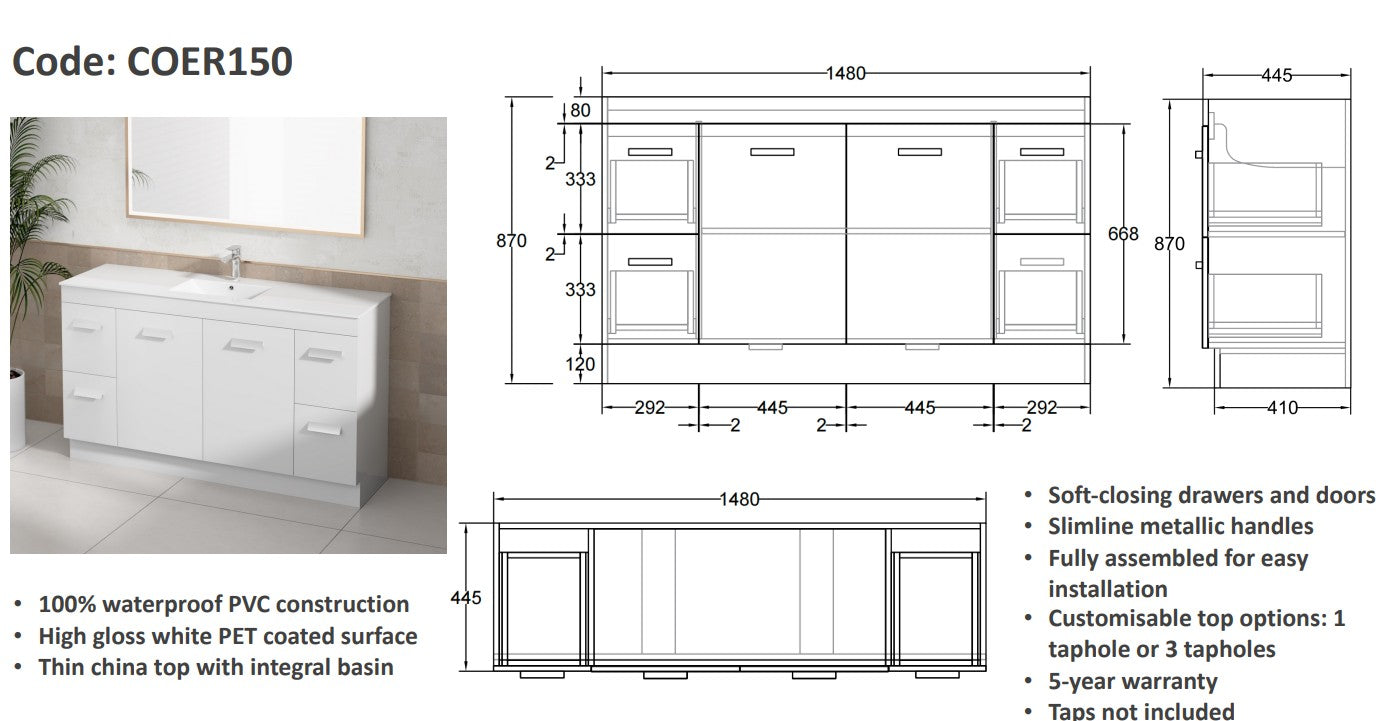 Erin PVC 150cm Single Bowl