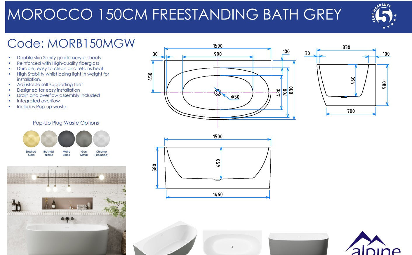 Morocco Back to the Wall Grey & White Bath 150cm