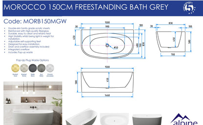 Morocco Back to the Wall Grey & White Bath 150cm