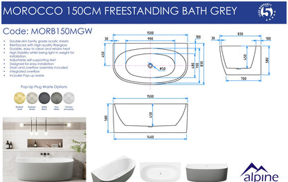 Morocco Back to the Wall Grey & White Bath 150cm