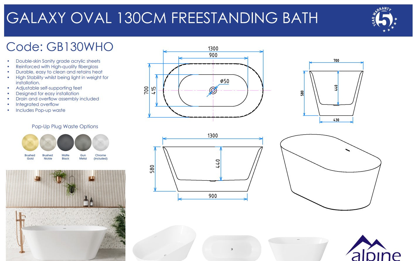 Galaxy Oval Freestanding Bath 130cm