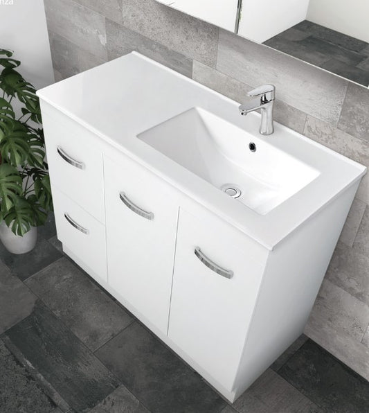 Dolce Fingerpull Satin White 900 Offset Vanity on Kickboard