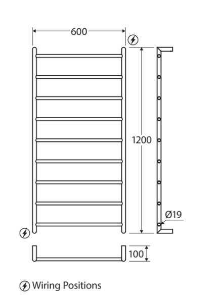 Kaya Heated Towel Rail, 600 x 1200mm