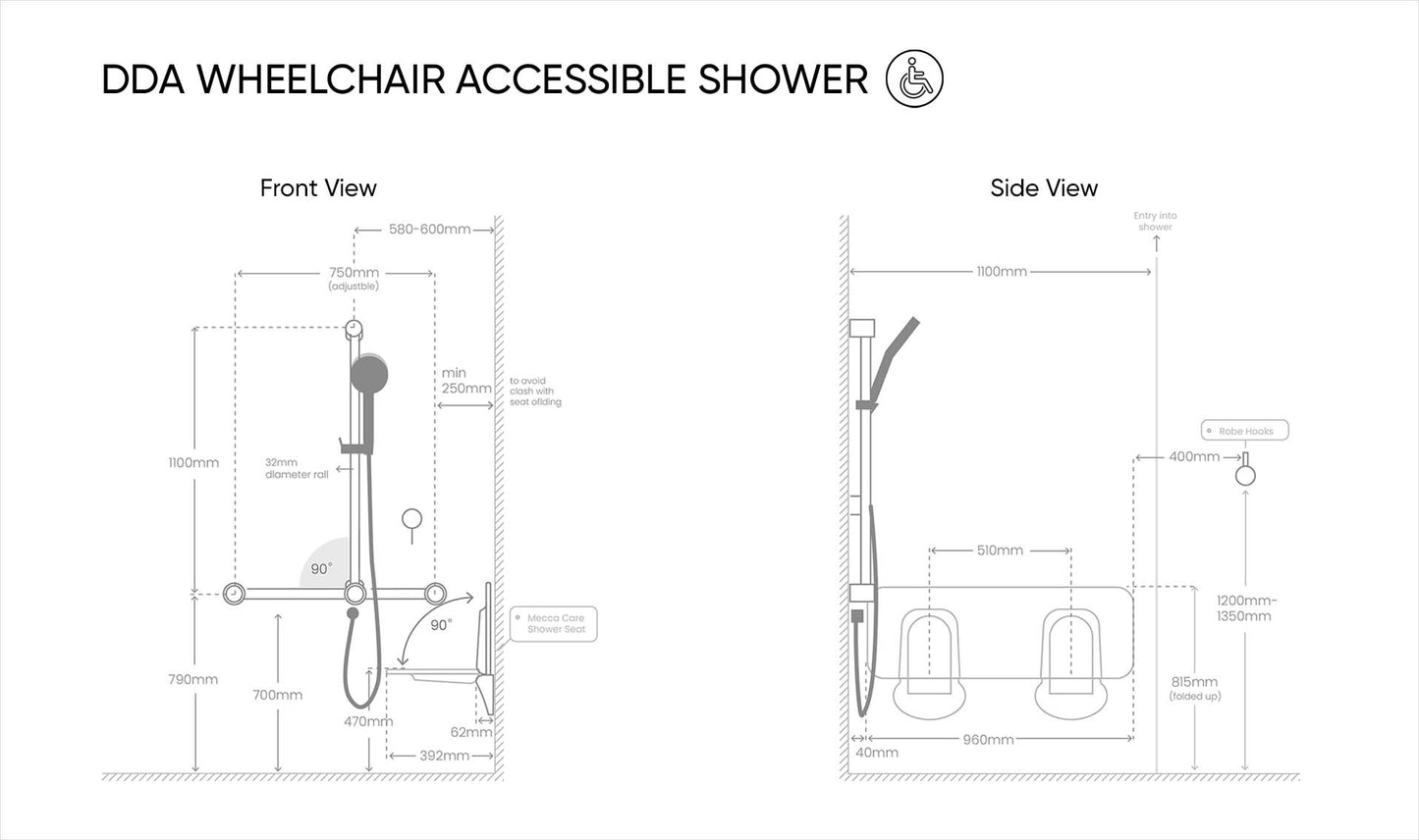 Mecca Care 32mm T bar Grab Rail | Adjustable Shower Set